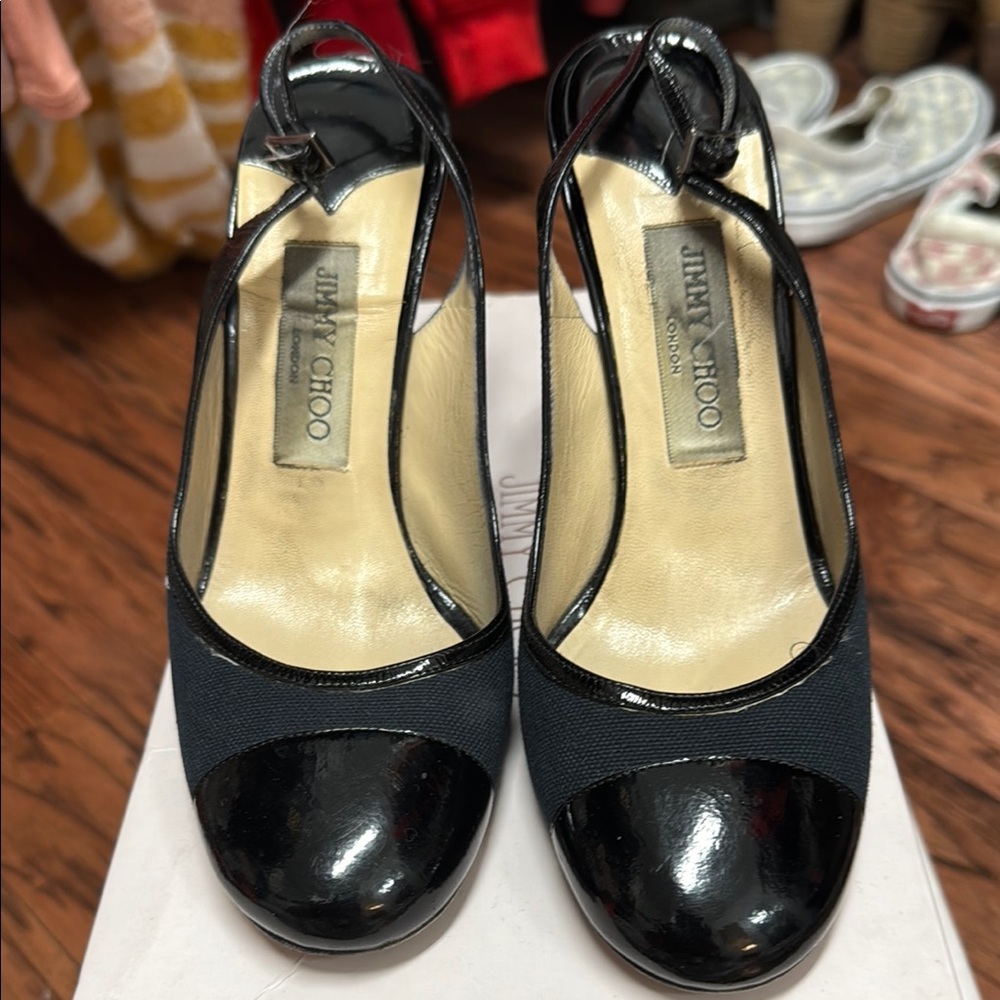 Jimmy Choo Black Patent and Cream Slingback Heels